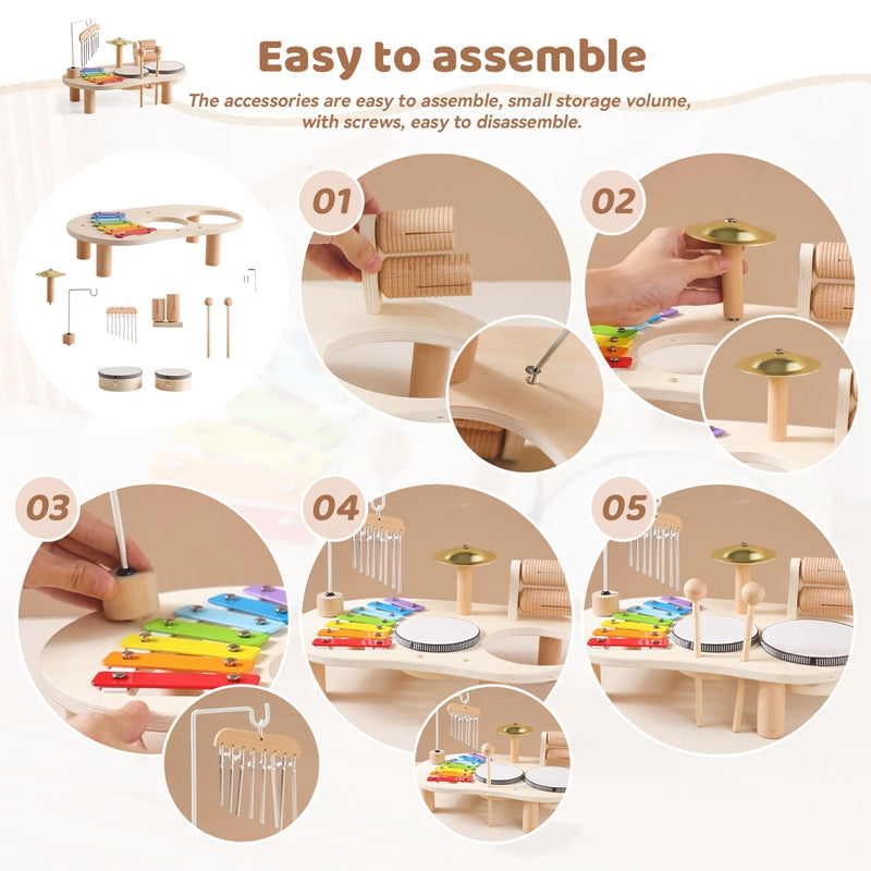 Houten Muziektafel - Educatief Muziekinstrument voor Kinderen, Inclusief Trommels, Xylofoon & Bekkens, +1 Jaar