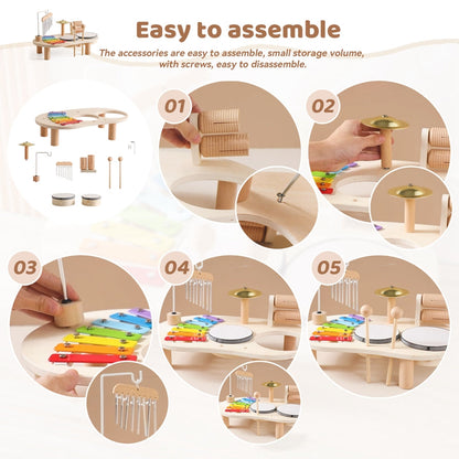 Houten Muziektafel - Educatief Muziekinstrument voor Kinderen, Inclusief Trommels, Xylofoon & Bekkens, +1 Jaar